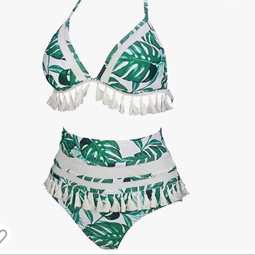 NWOT Tropical Palm tree high waist bikini resortwear with tassels‎